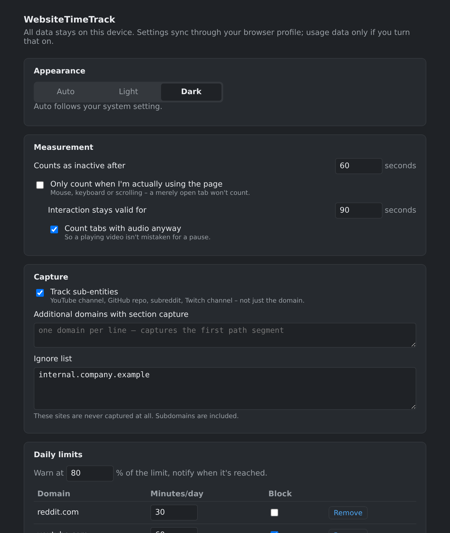 The settings page with limits, focus mode and categories
